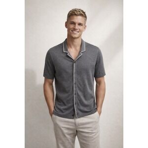 Reiss August Grey Linen Blend Knit Short Sleeve Camp Collar Shirt Mens Small S